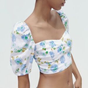Zara Floral Print Puff Sleeve Linen Blend Crop Top